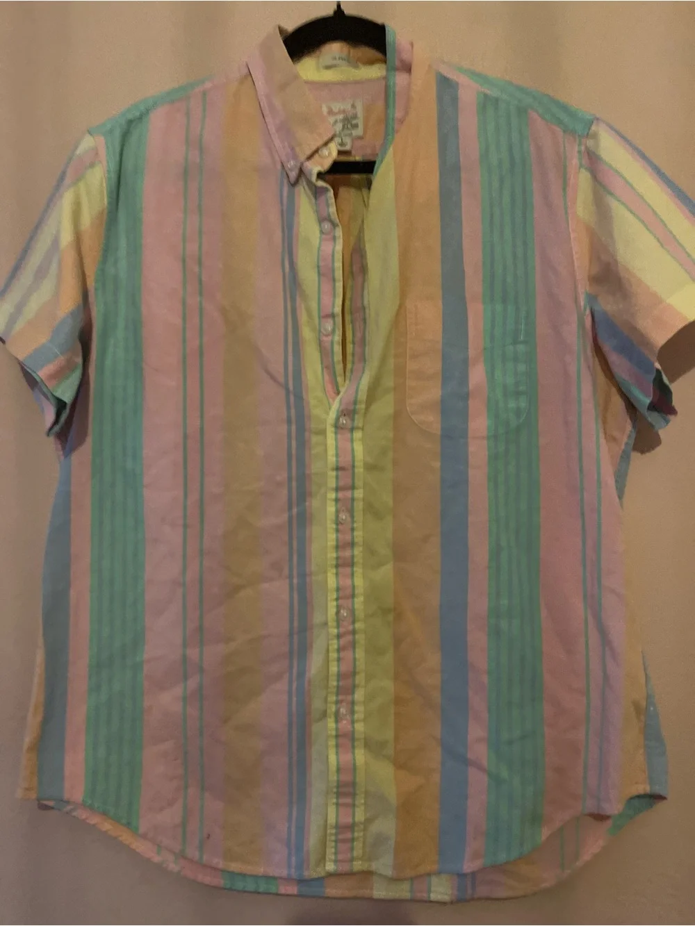 Crew Broken In Oxford Mens Large Pastel Striped Button Up Short Sleeve Shirt